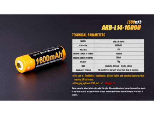 Acumulator Fenix 14500 - 1600mAh cu Micro-USB - ARB-L 14-1600U 5