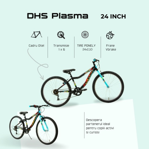 Bicicleta Copii DHS Plasma - 24 Inch, Negru-Roz - Img 4