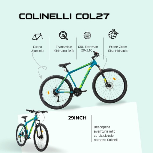 Bicicleta MTB Colinelli COL27, Marimea L, 29 inch, Verde, Schimbator Shimano Altus, 24 Viteze, Cadru Aluminiu, Frane pe Disc - Img 4