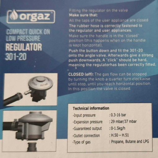Kit regulator gaz quick on si furtun pentru butelie ButanGas Camping Orgaz BG301-20 - BG04 - Img 5