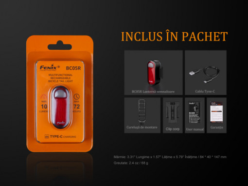 Lanterna bicicleta de spate Fenix BC05R Reincarcabila  10 Lumeni 6 Metri 8