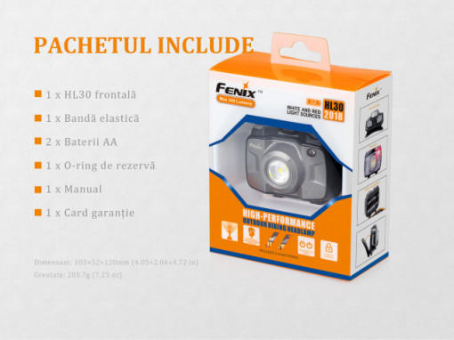 Lanterna frontala Fenix HL30 300 lumeni 50 metri cutie
