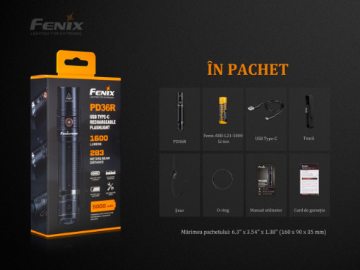 Lanterna Tactica Fenix PD36R 1600 Lumeni 283 Metri pachet