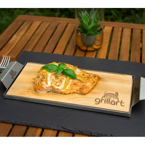 Set 2 placi din lemn de cedru XL 30x14,5x1 cm cu cadru din otel inoxidabil pentru gatit la gratar Grillart - GA-1003-8 - Img 5