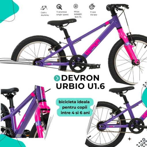 Bicicleta Copii Devron Urbio U1.6 Super Light - 16 Inch, Mov-Roz - Img 4