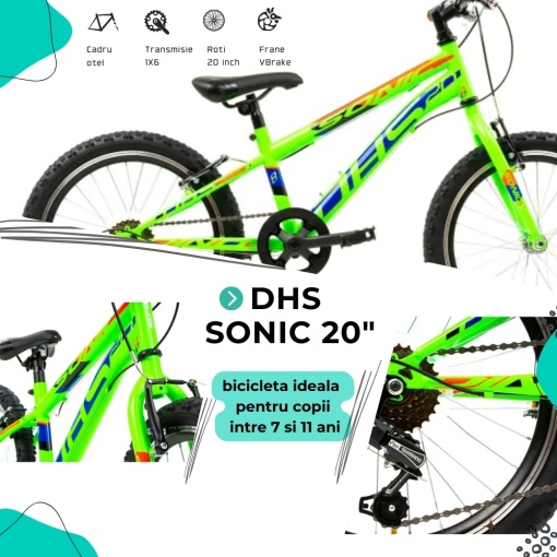 Bicicleta Copii DHS Sonic - 20 Inch, Verde - Img 4