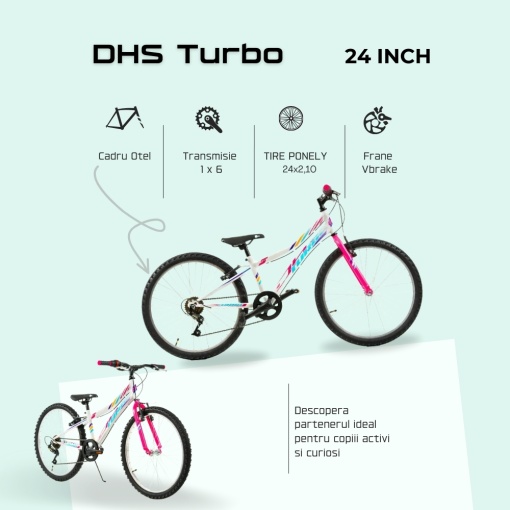 Bicicleta Copii DHS Turbo - 24 Inch, Alb - Img 4