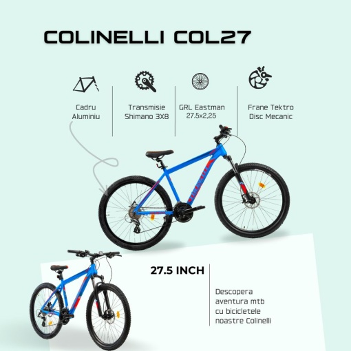 Bicicleta MTB Colinelli COL27, Marimea M, 27.5 inch, Albastru, Schimbator Shimano Altus, 24 Viteze, Cadru Aluminiu, Frane pe Disc - Img 4