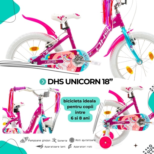 Bicicleta Copii DHS Unicorn - 18 Inch, Roz/Albastru - Img 4