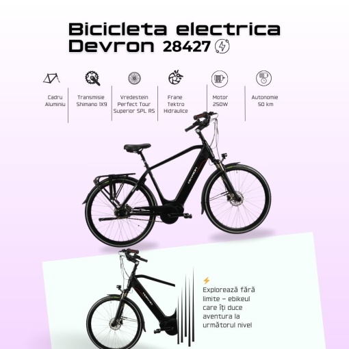 Bicicleta Electrica Devron 28427 - 28 Inch, L, Negru mat - Img 3