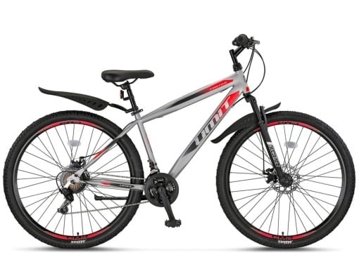 Bicicleta MTB Hardtail 27.5" UMIT Faster 2D, 21 viteze, frane pe disc,cadru otel, silver-rosu
