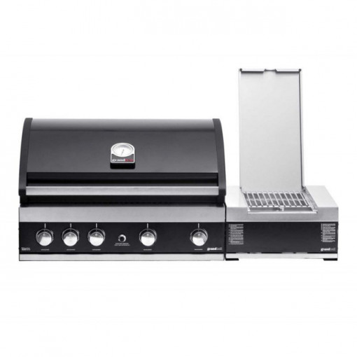 Gratar Grand Hall Maxim GTI4B-V pe gaz cu 5 arzatoare (4 inox + 1 infrarosu), incastrabil, gratare din fonta -  K04000199A arzator capac deschis