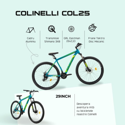 Bicicleta MTB Colinelli COL25, Marimea L, 29 inch, Verde, Schimbator Shimano ST-EF500 EZ-FIRE PLUS, 24 Viteze, Cadru Aluminiu, Frane pe Disc - Img 4