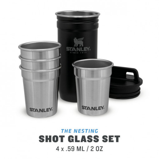 Set Stanley Butelca + 4 pahare Adventure The Nesting Shot Glass Set Matte Black Pebble - 10-01705-036