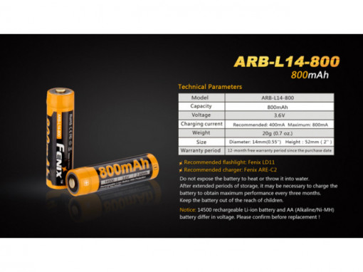 Acumulator Fenix 14500 - 800mAh - ARB-L 14-800 3