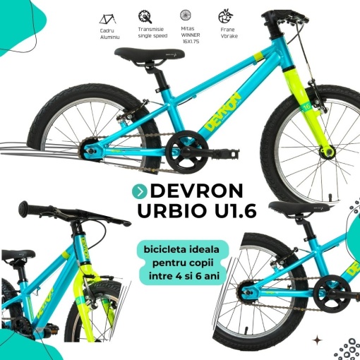 Bicicleta Copii Devron Urbio U1.6 Super Light - 16 Inch, Albastru-Verde - Img 4