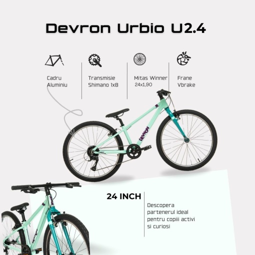 Bicicleta Copii Devron Urbio U2.4 Super Light - 24 Inch, Turcoaz-Verde - Img 4