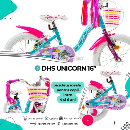Bicicleta Copii DHS Unicorn - 16 Inch, Albastru - Img 4