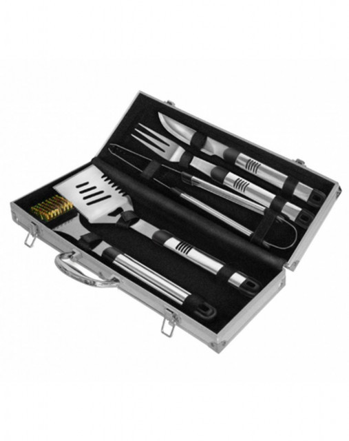 Set 5 ustensile din inox pentru gratar cutie din aluminiu Activa 16100 cutie deschisa