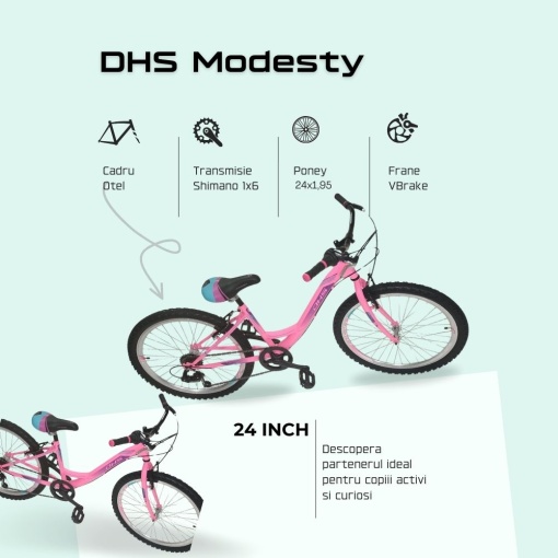 Bicicleta Copii DHS Modesty - 24 Inch, Roz - Img 3
