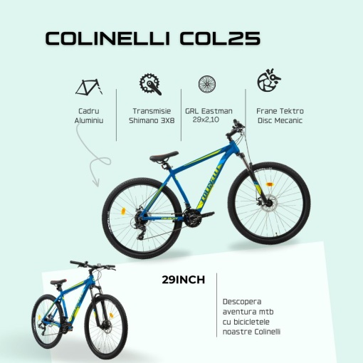 Bicicleta MTB Colinelli COL25, Marimea M, 29 inch, Albastru, Schimbator Shimano ST-EF500 EZ-FIRE PLUS, 24 Viteze, Cadru Aluminiu, Frane pe Disc - Img 4