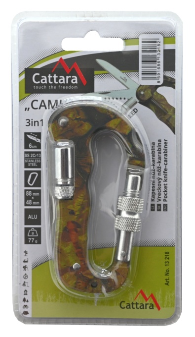 Carabiniera multifunctionala din aluminiu Cattara 3 in 1, cutit, cutit serat, lanterna, camuflaj - TT13218 - Img 9