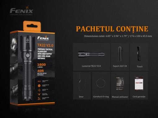 Lanterna Fenix TK22 V2.0 1600 Lumeni 405 Metri pachet