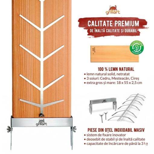 Placa premium pentru somon afumat din lemn de mesteacan, 18x55x2,5 cm, cu suport din otel inoxidabil Grillart - GA-1024-2 - Img 2