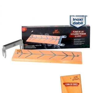 Placa premium pentru somon afumat din lemn de cires, 18x55x2,5 cm, cu suport din otel inoxidabil Grillart - GA-1024-3