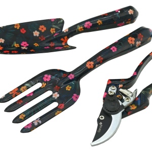 Set 3 ustensile de gradina Garvia, negru cu model floral