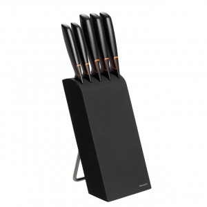 Set 5 cutite + suport Fiskars Edge, otel inoxidabil, negru