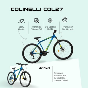 Bicicleta MTB Colinelli COL27, Marimea M, 29 inch, Albastru, Schimbator Shimano Altus, 24 Viteze, Cadru Aluminiu, Frane pe Disc - Img 4