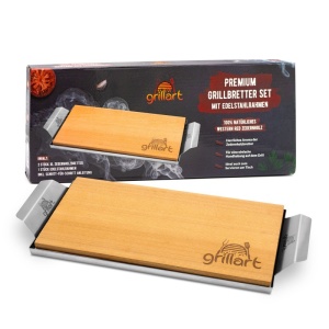 Set 2 placi din lemn de cedru XL 30x14,5x1 cm cu cadru din otel inoxidabil pentru gatit la gratar Grillart - GA-1003-8