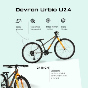 Bicicleta Copii Devron Urbio U2.4 Super Light - 24 Inch, Gri-Portocaliu - Img 4
