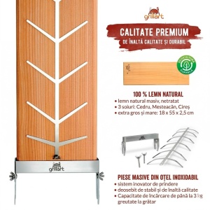 Placa premium pentru somon afumat din lemn de cires, 18x55x2,5 cm, cu suport din otel inoxidabil Grillart - GA-1024-3 - Img 2