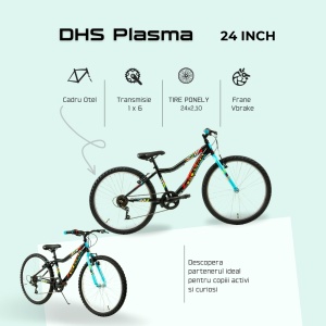 Bicicleta Copii DHS Plasma - 24 Inch, Negru-Roz - Img 4