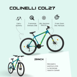 Bicicleta MTB Colinelli COL27, Marimea L, 29 inch, Verde, Schimbator Shimano Altus, 24 Viteze, Cadru Aluminiu, Frane pe Disc - Img 4