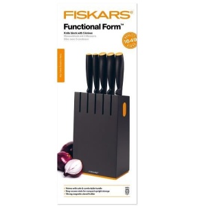 FISKARS Set 5 cutite + bloc de lemn Functional Form, otel inoxidabil, negru - 1014190