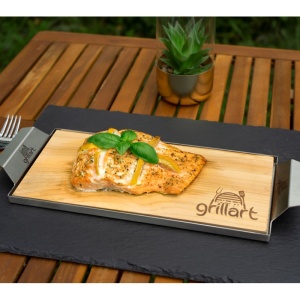Set 2 placi din lemn de cedru XL 30x14,5x1 cm cu cadru din otel inoxidabil pentru gatit la gratar Grillart - GA-1003-8 - Img 5
