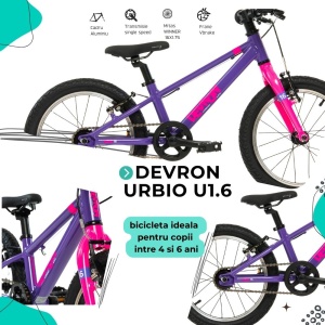 Bicicleta Copii Devron Urbio U1.6 Super Light - 16 Inch, Mov-Roz - Img 4
