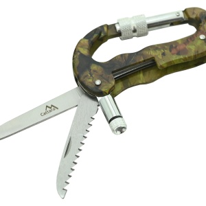 Carabiniera multifunctionala din aluminiu Cattara 3 in 1, cutit, cutit serat, lanterna, camuflaj - TT13218