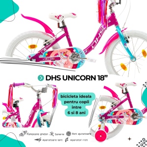 Bicicleta Copii DHS Unicorn - 18 Inch, Roz/Albastru - Img 4
