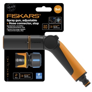 FISKARS Set pistol pentru stropit, jet reglabil + conector furtun, stop - 1065493