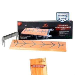 Placa premium pentru somon afumat din lemn de mesteacan, 18x55x2,5 cm, cu suport din otel inoxidabil Grillart - GA-1024-2