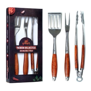 Set 3 ustensile premium din otel inoxidabil cu maner de lemn Grillart - GA-1023