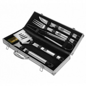 Set 5 ustensile din inox pentru gratar cutie din aluminiu Activa 16100 cutie deschisa