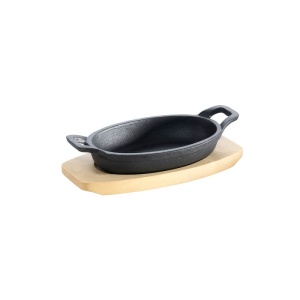 Tava ovala din fonta cu suport de lemn pentru servire 21 x 15,5 cm 0,75 litri ALL GRILL - 9705
