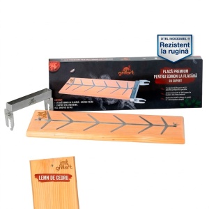 Placa premium pentru somon afumat din lemn de cedru, 18x55x2,5 cm, cu suport din otel inoxidabil Grillart - GA-1024-1