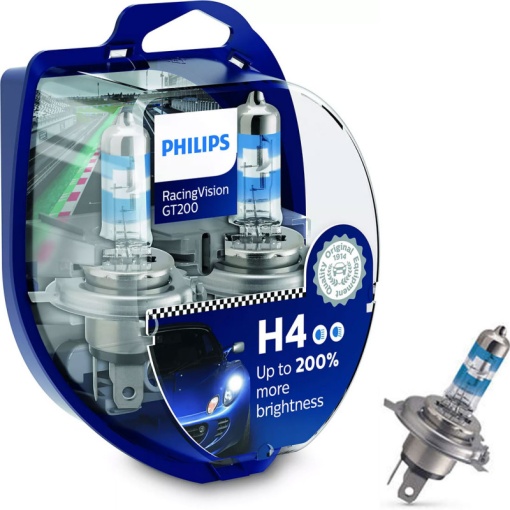Set becuri auto PHILIPS Racing Vision+, 200%, H4, 3600K, 60/55W, 2 buc