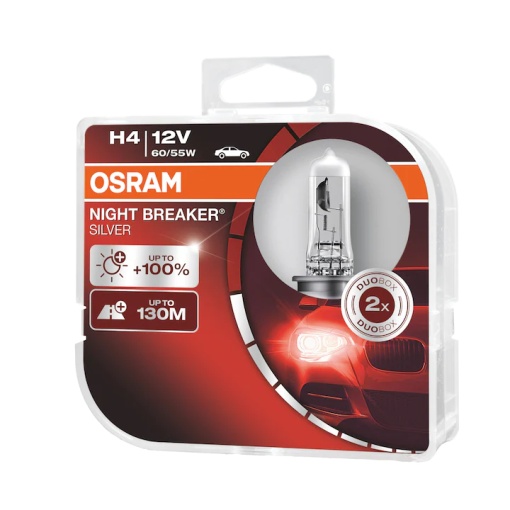 Set 2 becuri far halogen Osram H4 Night Breaker Silver +100%, 60/55W, 12V